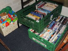 LIBRARY OF DVDS, VIDEOS & NURSERY TOYS (3 trays)