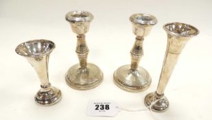 PAIR OF SILVER DWARF CANDLESTICKS, Birmingham 1961 (loaded), 11cms (h), and two silver bud vases (