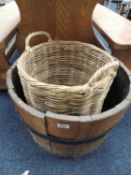 COOPERED OAK BARREL LOG BIN, and a wicker log basket (2)