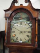 19TH CENTURY OAK & MAHOGANY INLAID LONGCASE CLOCK, 30-hour, painted dial, pendulum, and one