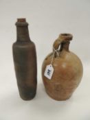 TUDOR STYLE STONEWARE FLAGON, with mottle green glazed neck, 26.5cms (h), and a stoneware corked