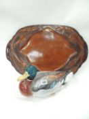 ITALIAN GLAZED TERRACOTTA MODEL OF MALLARD DUCK, 33cms, and carved wooden serving tray, detailed