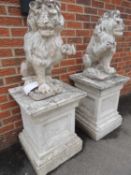 PAIR OF RECONSTITUTED STONE GARDEN LIONS, on square plinths, 120cms (h) Provenance: private