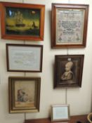 ROSEWOOD FRAMED NEEDLEWORK SAMPLER by Alice Bradshaw aged 12, 49 x 44cms including frame, along with