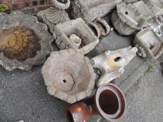 GARDEN ORNAMENTS, including reconstituted stone jardinieres, urns, scallop form bird bath, garden