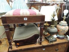 MAHOGANY DRESSING STOOL, also a Victorian mahogany and inlaid footstool and four table lamps (6)