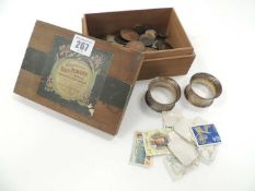 ASSORTED COLLECTABLES, including mixed British and foreign coins, two silver napkin rings, small