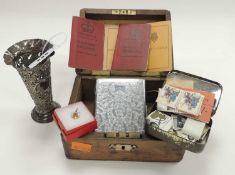 LATE VICTORIAN SILVER VASE SLEEVE, Chester 1898, 13cms, and wooden box containing old driving