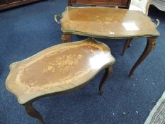 FRENCH WALNUT & MARQUETRY NEST OF TWO TABLES, larger with shaped plate glass top, 89cms (w)