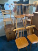 FOUR BEECH STICK BACK KITCHEN CHAIRS, Formica top kitchen table, further chair, two-door cabinet,