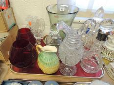 TRAY OF DECORATIVE GLASSWARE including a hobnail cut claret jug, quality commemorative pedestal