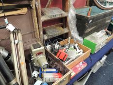 WOODEN STEPS, projector, tripod, assorted tools, and wooden stepladders