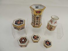 GROUP OF ROYAL CROWN DERBY IMARI SMALL ORNAMENTS, including a hexagonal vase, and a graduated set of