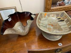 DECORATIVE COLOURED GLASS FRILLED BOWL, 39cms (w), also an Oriental Satsuma style bowl (2)