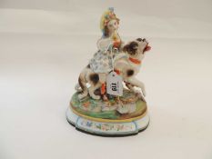 CONTINENTAL PARIAN PORCELAIN FIGURE of a trumpet blowing child straddling a dog, oval base, 22cms (