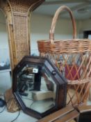 GEORGE V OAK OCTAGONAL BEVEL GLASS WALL MIRROR, 41cms, along with a rattan jardiniere stand, and