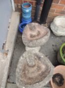 TWO RECONSTITUTED STONE BIRD BATHS, and five blue glazed small stoneware jardinieres (7) Provenance: