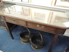 19TH CENTURY MAHOGANY SIDE TABLE, fitted with two drawers and plate glass top, 121 (w) x 62cms (d)