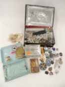 VINTAGE TIN containing assortment of costume jewellery, vintage badges, Special Constabulary