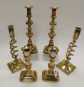 PAIR OF VICTORIAN OPEN BARLEY TWIST BRASS CANDLESTICKS, 26cms (h), further pair of Victorian brass
