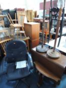 BLACK LEATHERETTE UPHOLSTERED SWIVEL ARMCHAIR, small console table, two turned wooden standard