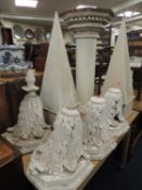 FOUR ACANTHUS MOULDED PLASTER WALL BRACKETS, two painted obelisk finials, 90cms (h), and a