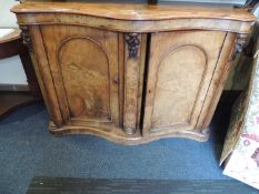 VICTORIAN BURR WALNUT SIDE CABINET with serpentine front, 92 (h) x 153cms (w), 44.5cm (d)