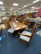 QUALITY 18TH CENTURY STYLE OAK DINING SUITE, comprising trestle style dining table, 205 x 82cms,