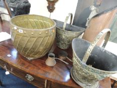 ASSORTED METALWARE, including brass jardiniere / coal depot, two embossed brass coal scuttles,
