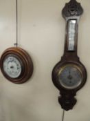 VICTORIAN OAK CASED ANEROID BAROMETER, and a further oak cased aneroid barometer (2) Provenance: