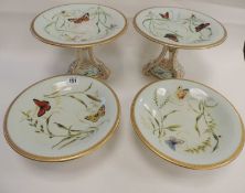 FOUR ITEMS FROM A MINTON (PROBABLY) DESSERT SERVICE, bird and insect decoration, comprising a pair