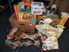 HOUSEHOLD ITEMS, including vintage flasks, boardgames, Empire vintage ice skates, etc. Provenance: