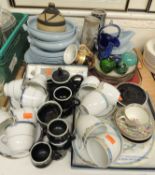 ASSORTED CHINA TABLEWARE, four various art glass paperweights, etc. (2 trays)