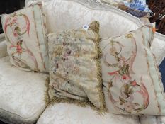 THREE AUBUSSON STYLE CUSHIONS, each approx. 56cms Provenance: private collection Flintshire