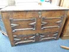 OAK JOINED MULE CHEST c. 1700, 77 (h) x 114 (w) x 58cms (d)