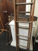 VICTORIAN PINE EXTENDABLE LADDERS, 214cms (h), white painted plinth, 85cms (h), top 55 x 41cms, grey