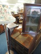 ASSORTED FURNITURE, comprising burr walnut bureau, mahogany glazed hanging corner cupboard, and