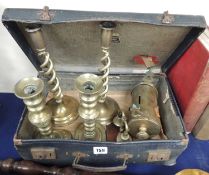 OVERNIGHT CASE CONTAINING ANTIQUE BRASSWARE, including two pairs of candlestick holders, brass