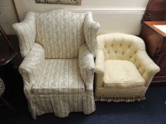 LATE GEORGE III MAHOGANY & UPHOLSTERED WING ARMCHAIR, on turned legs with brass castors, 93cms (