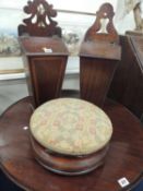 TWO 19TH CENTURY MAHOGANY CANDLE BOXES, and a Victorian upholstered walnut footstool (3) Provenance: