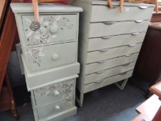 RETRO STYLE PAINTED CHEST OF DRAWERS, and pair of painted bedside chests (3) Provenance: private