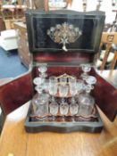 LATE 19TH C. FRENCH EBONISED & BOULLE DECANTER BOX, interior with etched glass, decanters, and