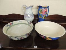 STAFFORDSHIRE BLUE GROUND POTTERY JUG & BOWL, along with a Victorian print ware water jug, and later