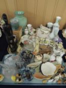 LARGE GROUP OF CERAMIC & GLASS ORNAMENTS, including Royal Crystal Rock dolphins, Wade, etc. (2