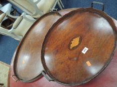 TWO EDWARDIAN MAHOGANY & INLAID OVAL SERVING TRAYS, 65 x 43cms the largest Provenance: private