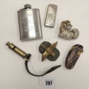 ASSORTED COLLECTABLES, comprising J. Hudson, Birmingham whistle, dated 1915, three novelty lighters,