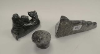 THREE CANADIAN CARVED STONE 'ESKIMO ART' FIGURES