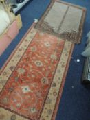 ROYAL KASHAN RED GROUND WOOLLEN RUG, 158 x 83cms, and Turkish prayer rug, 117 x 88cms (2)