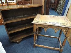 ART DECO OAK OPEN BOOKCASE, 92 (h) x 91 (w) x 30cms (d), and a carved oak occasional table