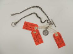 SILVER CURB LINK DOUBLE WATCH ALBERT, with silver fob and metal ring, 39cms (l) Provenance: